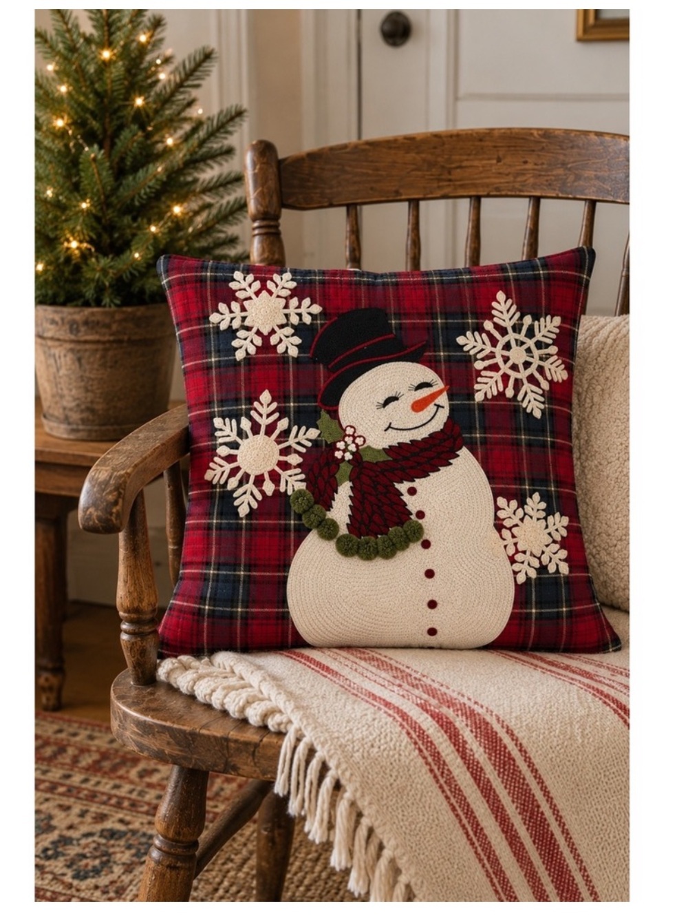 Pottery Barn | Snowman Plaid Crewel Pillow Cover 20x20